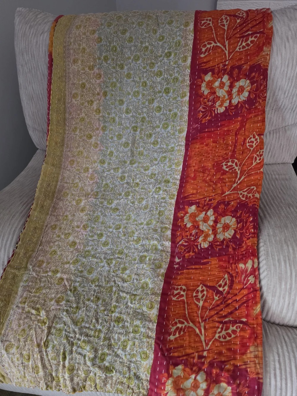 Kantha Quilt Recycled Indian Sari Fabric Cotton Blanket Handstitched  86x52